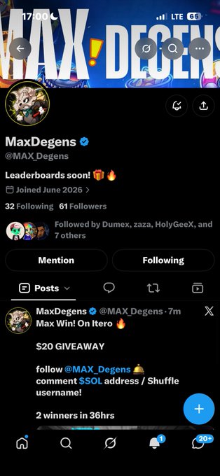 A screenshot of the 'MaxDegens' Twitter profile showing 'Leaderboards soon!' and a pinned post announcing a '$20 GIVEAWAY' giveaway on Itero with 2 winners in 36 hours.
