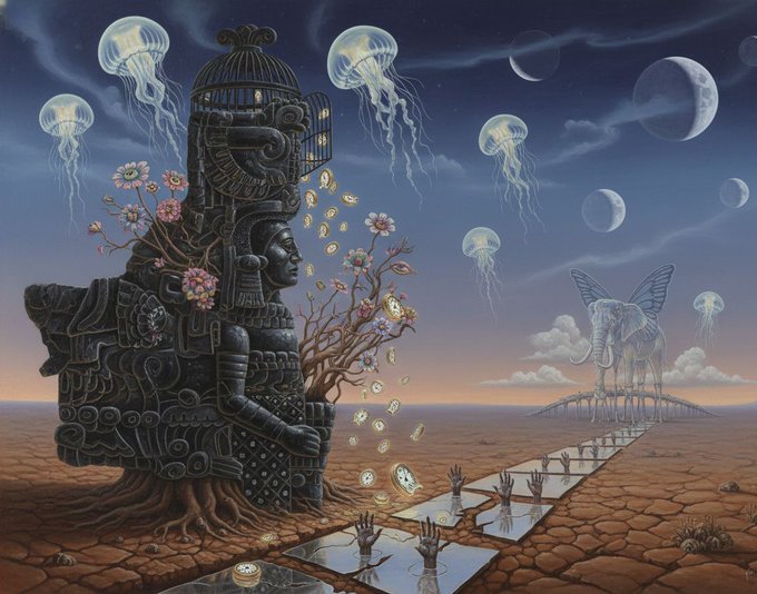 A surreal fantasy landscape featuring a dark stone statue with roots and flowers, glowing jellyfish, a winged elephant, and skeletal hands reaching up from a cracked desert with mirrored tiles.