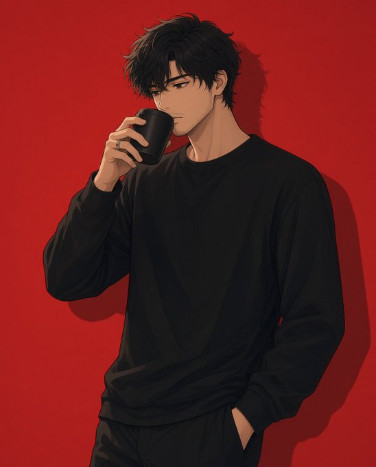 An anime-style illustration depicts a young man with messy black hair wearing a black long-sleeved shirt, drinking from a black cup against a solid red background.