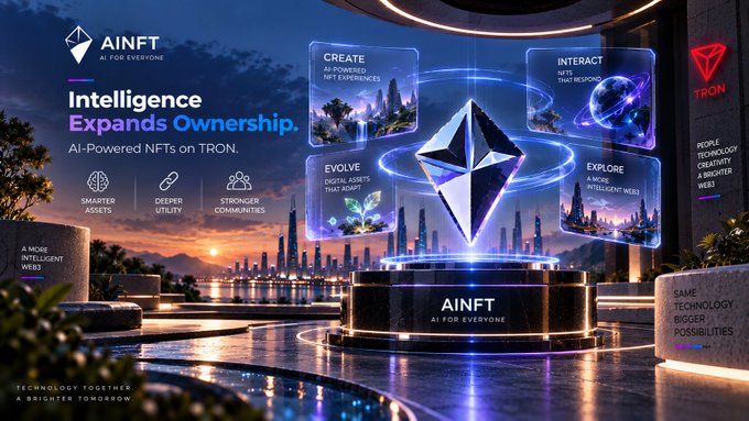 A promotional graphic for AINFT ("AI for Everyone") on the TRON blockchain, featuring a glowing Ethereum logo with panels describing features like "CREATE AI-POWERED NFT EXPERIENCES," "INTERACT WITH NFTs THAT RESPOND," "EVOLVE SMART ASSETS THAT ADAPT," and "EXPLORE A NEW INTELLIGENT WEB3."