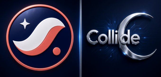 Two digital logos are displayed side by side: a circular red, white, and blue emblem featuring a stylized wave and star on the left, and the word 'Collide' in metallic silver letters with a crescent moon shape on the right.