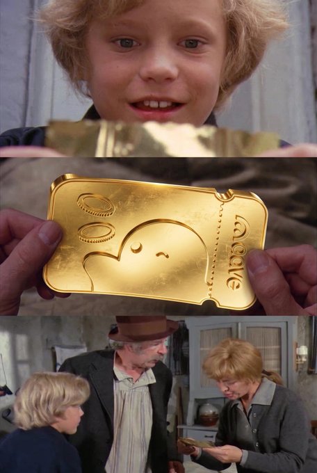 A montage from *Willy Wonka & the Chocolate Factory* showing Charlie holding and opening a golden "Wonka" ticket. The image ties into the post's promotion, using the iconic "golden ticket" motif to promote Aave App access with the code "GOLDENGHOST."