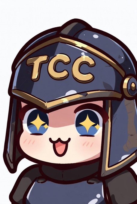 A cute chibi-style cartoon character wearing a dark knight helmet with gold 'TCC' lettering and sparkling star-shaped eyes.