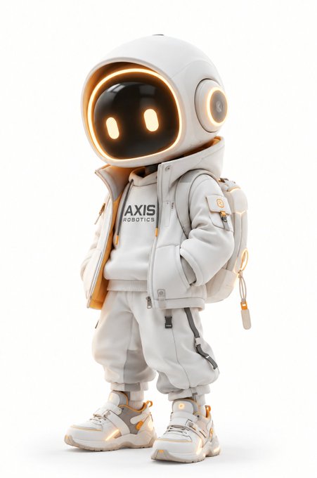 A 3D-rendered character of a small astronaut wearing a white spacesuit with 'AXIS ROBOTICS' text on the chest, featuring a glowing orange-visored helmet.