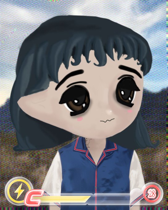 An animated chibi-style character with pointed ears, large brown eyes, and dark blue hair wearing a blue vest over a white shirt, displayed against a landscape background.