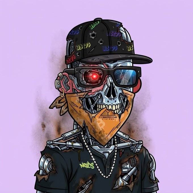A cyberpunk robotic figure with a skeletal face, glowing red robotic eye, and bullet-riddled graffiti-covered cap wears a bandana labeled "CYBERDYNE SYSTEMS" and a "TERMINATOR"-branded chest plate, fitting a futuristic "gm nfts" aesthetic.