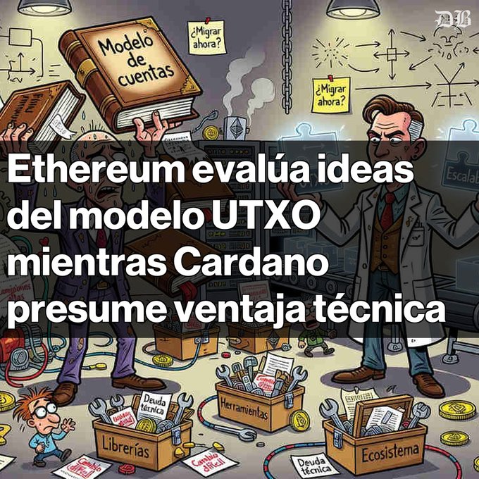 Cartoon illustration with Spanish text reading "Ethereum evalúa ideas del modelo UTXO mientras Cardano presume ventaja técnica," depicting two scientists with books labeled "Modelo de cuentas" among various tools and concepts.
