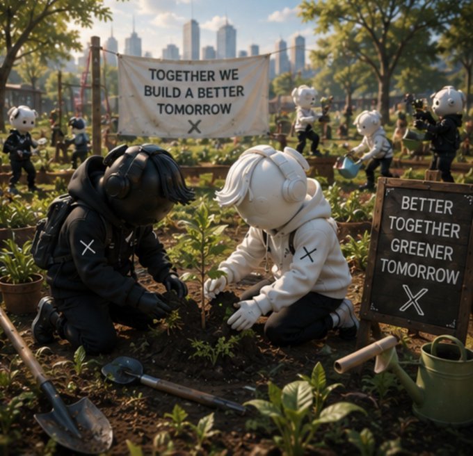 Two helmeted figures in black and white hoodies plant a sapling together in a community garden, with banners reading 'TOGETHER WE BUILD A BETTER TOMORROW' and 'BETTER TOGETHER GREENER TOMORROW' hanging in the background.