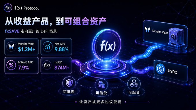 A promotional graphic for 'f(x) Protocol' featuring Chinese text and DeFi metrics including Morpho Vault $1.2M+, Net APY 9.88%, fxSAVE APR 7.9%, and fxUSD $74M+, alongside icons representing Morpho Vault and USDC.