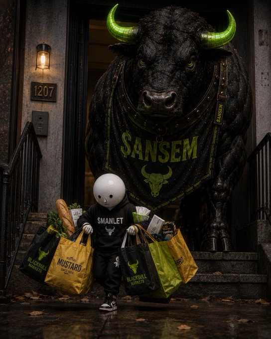 A child wearing a $MANLET hoodie and white helmet carries multiple shopping bags branded with "BLACKBULL MARKETS" and "MUSTARD" while standing in front of a large black bull sculpture with green glowing horns and a "$ANSEM" tag.