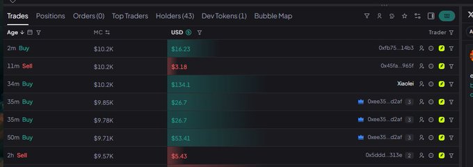 A cryptocurrency trading interface shows recent trades with details like age, Market Cap, USD price, and trader addresses in green for buys and red for sells.