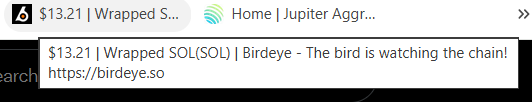 A screenshot showing a browser tab and tooltip for 'Birdeye - The bird is watching the chain!' at https://birdeye.so, promoting '$13.21 | Wrapped SOL (SOL)'.