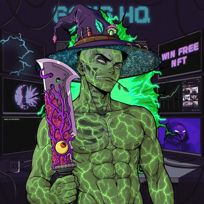 A digital illustration depicts a green-skinned, muscular character wearing a wizard hat and holding a magical, eye-decorated blade, with text reading 'PUMP WHO' and 'WIN FREE NFT' in the background.
