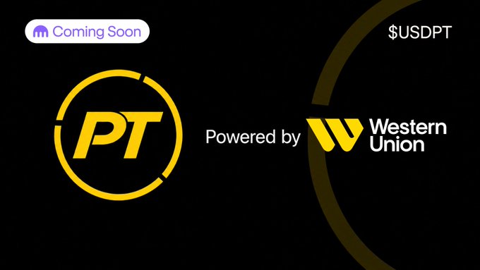 A promotional graphic with a black background featuring a "Coming Soon" badge in the top left and "$USDPT" in the top right. The center displays a gold circular logo with "PT" beside the text "Powered by [Western Union logo]," announcing the upcoming USDPT stablecoin launch.