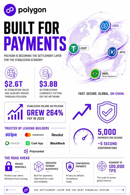 A Polygon infographic titled 'BUILT FOR PAYMENTS' highlighting $2.6T in stablecoin value moved, $3.8B stablecoins sitting on the network, 264% YOY growth in 2025, and 5,000 payments per second, with partners like Stripe, Mastercard, BlackRock, and Coinbase.