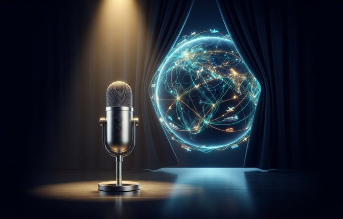 A silver microphone on a stage illuminated by a spotlight, with a glowing blue holographic globe showing global connections behind dark curtains.