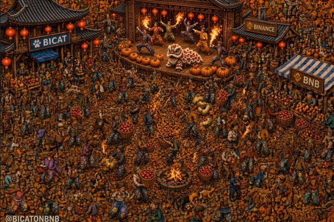 A detailed, Halloween-themed illustration depicting a bustling festival scene with a 'BINANCE' storefront and 'BICAT' signage, featuring crowds, lanterns, and a stage with a panda performer. The watermark '@BICATONBNB' appears in the bottom left corner.