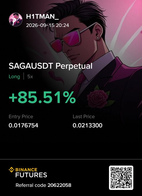 A Binance Futures trading results graphic showing a profitable trade by 'H1TMAN_' on the 'SAGAUSDT Perpetual' pair with a +85.51% return on a 5x Long position.
