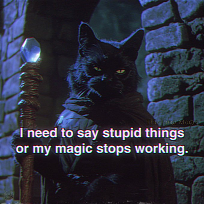 A meme featuring the black cat character from 'The Frog Mage' (from the show Wizards) with glowing eyes and a staff, captioned: 'I need to say stupid things or my magic stops working.'