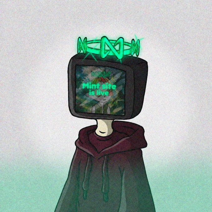 A figure wearing a hoodie has a retro TV for a head displaying "Mint site is live" in green text, crowned with a glowing green halo, visually announcing the launch of the NEARLios NFT minting site as described in the accompanying post.