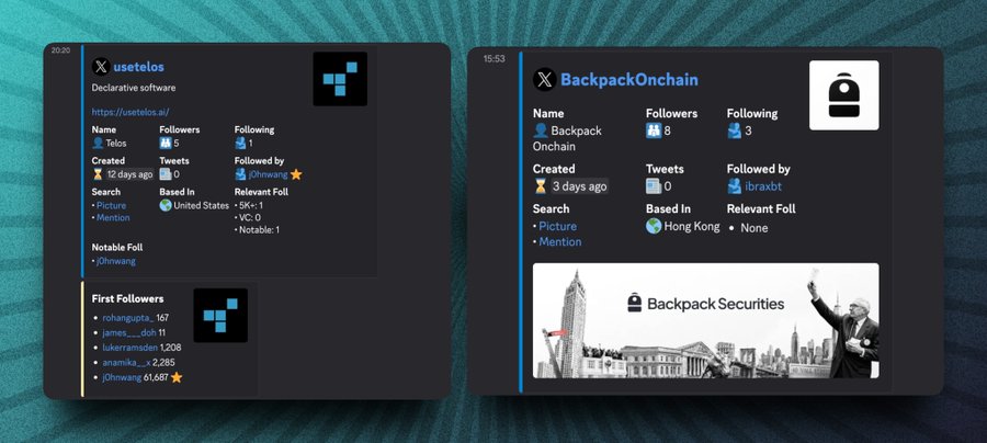 The image displays two Twitter profile cards against a green striped background: @usetelos (a "Declarative software" account with 5 followers, 1 following, and notable followers like @0xwang and @rohangupta_) and @BackpackOnchain (named "Backpack", focused on Onchain with 8 followers, 3 following, and followed by @tbraxbt, based in Hong Kong, featuring a "Backpack Securities" image with the Flatiron Building). The image relates to the accompanying post by showcasing @BackpackOnchain as one of the highlighted "Early Alphas" in the Tokenization/Perps category, though it does not visually represent the other mentioned accounts (@rektdfun, @SIGILIONFT, @tendiesinhood, @usevano_).