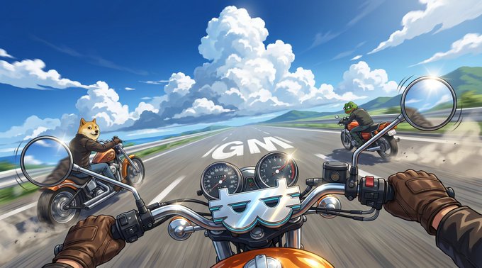 An animated scene shows a first-person view from a motorcycle handlebar, with cat and frog riders on other bikes traveling down a highway under a cloudy blue sky; 'GM' is visible on the road.