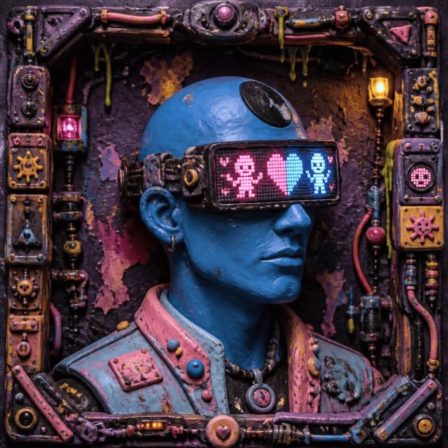 The image features a blue-skinned man wearing a futuristic outfit with goggles that display three different colored lights, including pink, green, and yellow. The man appears to be wearing a jacket adorned with various buttons and has a necklace around his neck. In the background, there is a machine or contraption with a purple wall behind it, which also features a bunch of buttons on its surface. The image seems to be related to an Acid Punk artist, as indicated by the caption "Woke up way too early before work and saw that it was #gifartday. Had just bought a @catswilleatyou and felt the urge, haphazardly, to turn one of my favorite tezos artists into an honorary Acid Punk catswilleatyou".