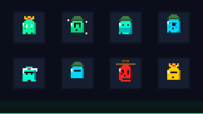 A digital illustration displays eight small pixel-art ghost-like characters in various colors (green, teal, blue, yellow, red) arranged in two rows against a dark background.