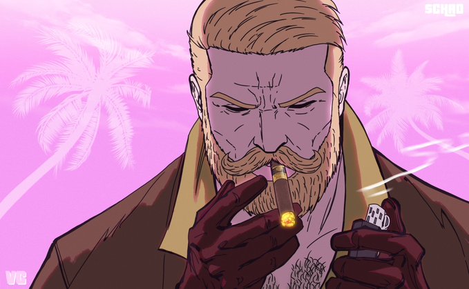 An illustrated scene of a blonde, mustachioed man in a brown coat lighting a cigar with a lighter against a pink sky with palm trees, featuring a 'SCYED' watermark.