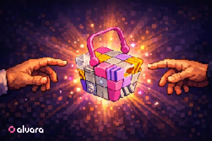 A pixel art style image showing two hands reaching toward a glowing, colorful treasure chest or basket with a handle, with the "alvara" logo in the bottom left corner.