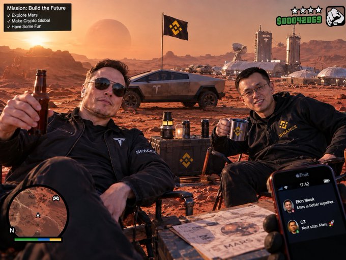 A stylized image resembling a video game screenshot shows Elon Musk and CZ sitting on Mars with a Tesla Cybertruck, with a mission to 'Explore Mars,' 'Make Crypto Global,' and 'Have Some Fun.'
