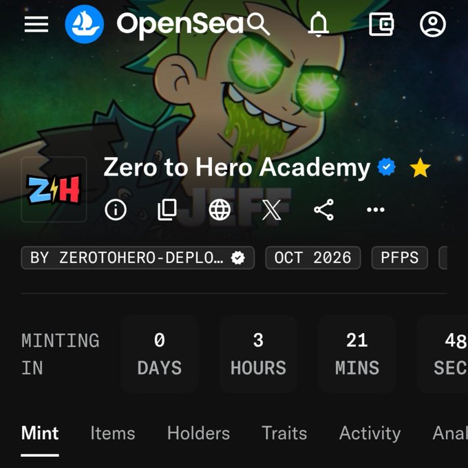 An OpenSea NFT collection page for 'Zero to Hero Academy' by ZEROTOHERO-DEPLOYER, showing a countdown timer of 0 days, 3 hours, and 21 minutes to its October 2026 mint.