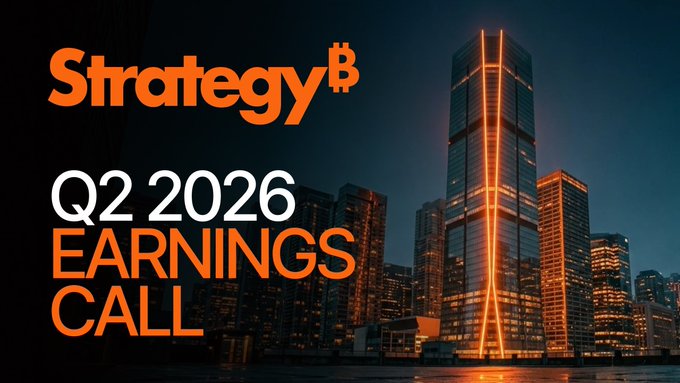 Promotional banner for "Strategy" with a Bitcoin logo, announcing "Q2 2026 EARNINGS CALL," set against a nighttime cityscape featuring a skyscraper illuminated with orange lighting. The image relates to the "Good summary" post by serving as the official announcement visual for the company's upcoming quarterly earnings call.