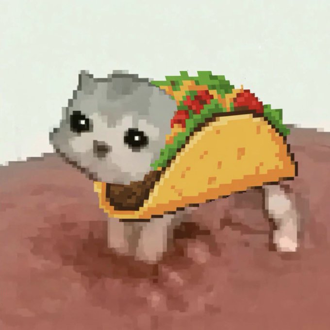 A pixel art style illustration of a cute gray dog wearing a yellow taco costume filled with lettuce and tomatoes.