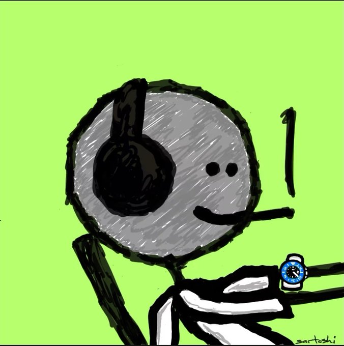 A digital illustration of a smiling stick figure wearing headphones and a wristwatch, signed 'sartoshi', against a bright green background.