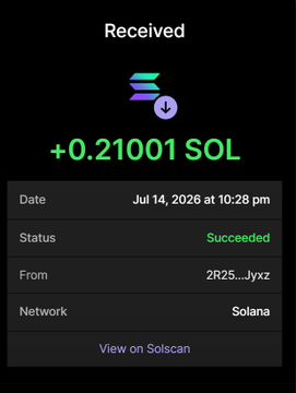 The image shows a successful Solana wallet transaction confirmation of receiving +0.21001 SOL on July 14, 2026 at 10:28 pm, supporting the post's claim of an early 2 million $CASHBULL purchase made for 0.21 SOL.