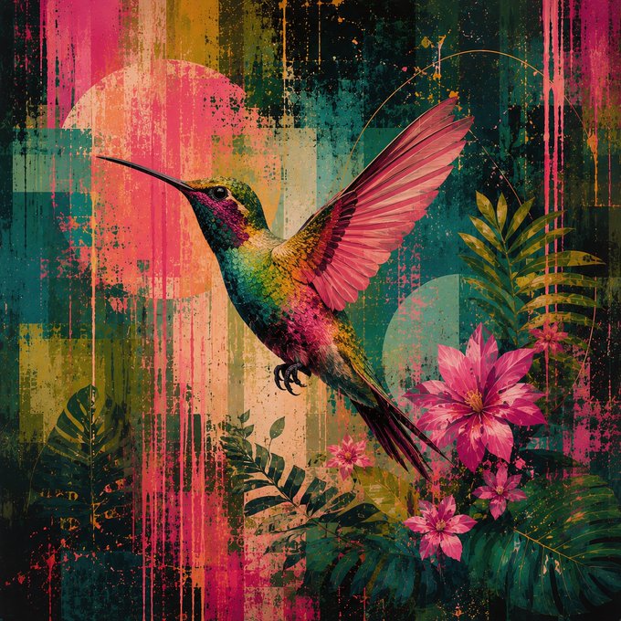 A vibrant, colorful digital painting of a hummingbird in flight with pink and green plumage, set against a textured background with pink drips, green foliage, and pink flowers.