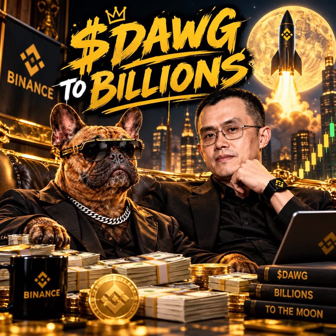 A promotional graphic featuring a man with glasses next to a French bulldog wearing sunglasses, with Binance logos, stacks of cash, gold coins, and the text '$DAWG TO BILLIONS' alongside a rocket launching toward the moon.