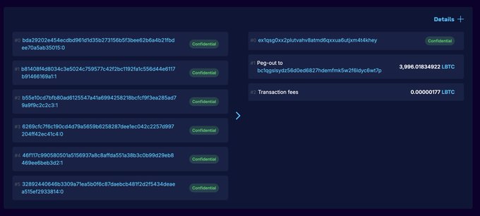 A block explorer interface displays a list of "Confidential" transaction IDs alongside details showing a peg-out of 3,996,019,349,922 LBTC with transaction fees of 0.00000177 LBTC, illustrating the controversial transaction that triggered a consensus split between the liquid.network and blockstream.info Elements node versions.