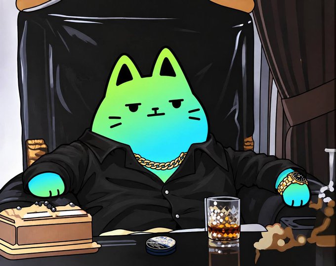 A cartoon illustration of a green and blue gradient cat character with a unimpressed expression, dressed in a black shirt and wearing a gold chain and Rolex-style watch, sitting at a desk with a glass of whiskey.