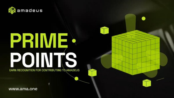 A promotional banner for 'amadeus' featuring the text 'PRIME POINTS - EARN RECOGNITION FOR CONTRIBUTING TO AMADEUS' alongside a 3D green grid cube graphic on a dark background, with the URL www.ama.one.