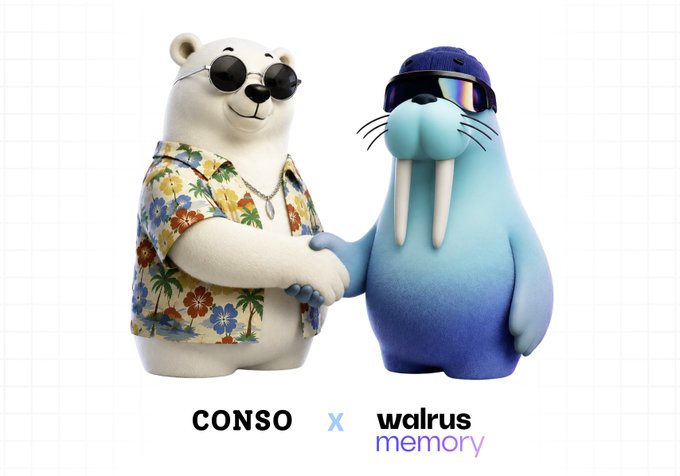 The image features two cartoon characters - a polar bear wearing sunglasses and a walrus with a blue nose - shaking hands together. The text below the image reads "Excited to partner with Walrus Protocol to bring Agentic Memory to CONSO Passport". This suggests that the characters are collaborating on a project related to Agentic Memory, which is an AI-powered platform for storing and sharing personal information across different ecosystems.