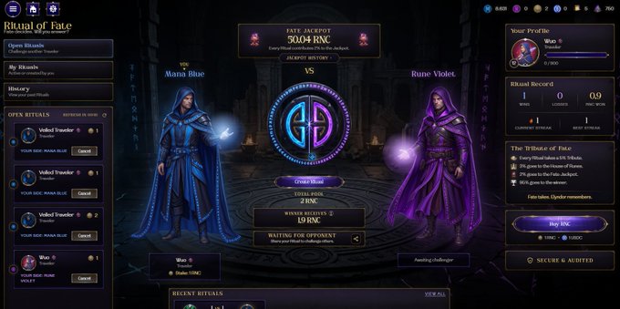 A screenshot from the game 'Ritual of Fate' showing a versus matchup between 'Mana Blue' and 'Rune Violet', with a FATE JACKPOT of 5004 RNC and a $10K+ prize pool.