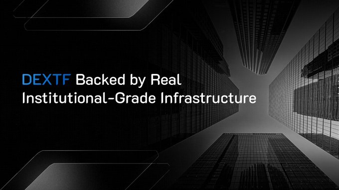 The image features a dramatic upward view of towering skyscrapers against a dark sky, with the text "DEXTF Backed by Real Institutional-Grade Infrastructure" overlaid, reinforcing the post's message about DEXTF's institutional backing and imminent launch of its revenue share model.