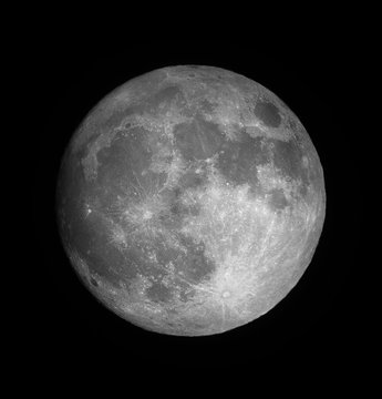A detailed grayscale photograph of a full moon showing craters and surface features against a black background.