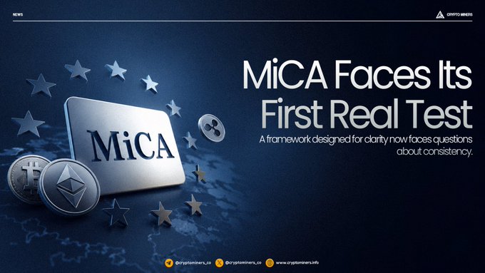 The image features an advertisement for MiCA, a cryptocurrency exchange platform. The background of the image is blue with white stars scattered around it. The main focus of the image is a silver coin placed at the center, surrounded by various coins on either side. The text in the image reads "MiCA Faces Its First Real Test" and "A Framework Designed for Digital Assets Now Faces Questions About Operating Across Europe". This suggests that the advertisement is promoting MiCA as a solution to address challenges faced by digital asset companies operating across multiple countries within Europe, such as compliance with regulations and navigating complex cross-border transactions.