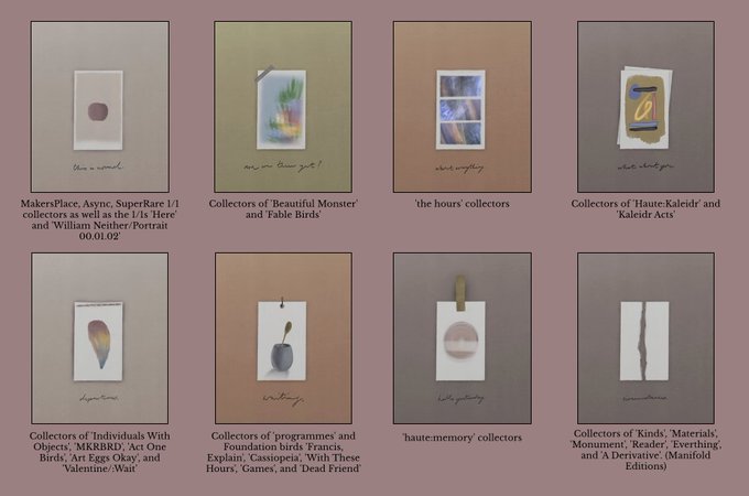 A grid of eight NFT collection covers with labels including 'MakersPlace, Async, SuperRare 1/1 collectors', 'Collectors of Beautiful Monster and Fable Birds', 'about empty', 'haute memory collectors', and others.