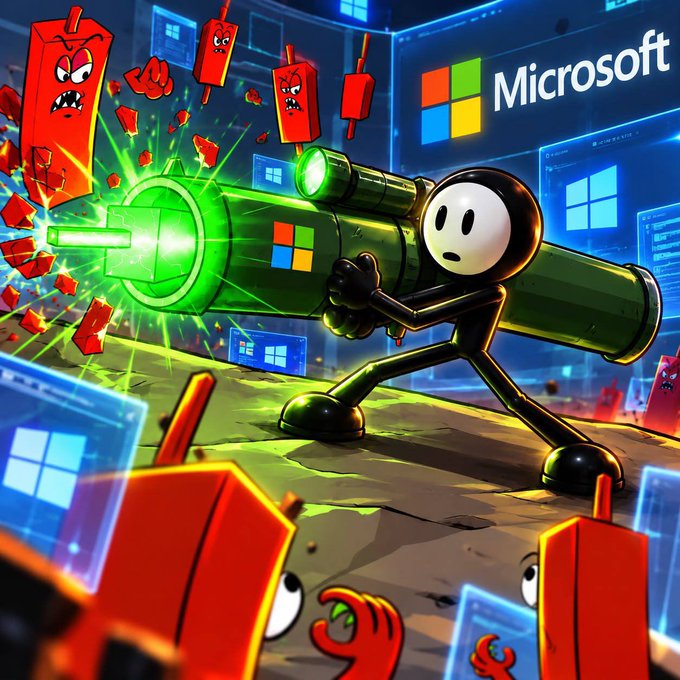 A digital illustration depicting a black stick-figure character wielding a large green rocket launcher with a Microsoft logo, firing it at red angry-looking objects in a digital environment with a Microsoft logo in the background.
