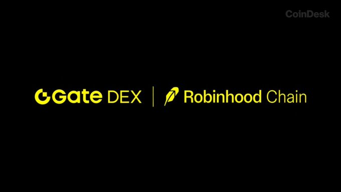 The image displays the Gate DEX and Robinhood Chain logos side by side in yellow text on a black background, with a CoinDesk watermark in the top right corner, visually representing the integration partnership announced between the two platforms.