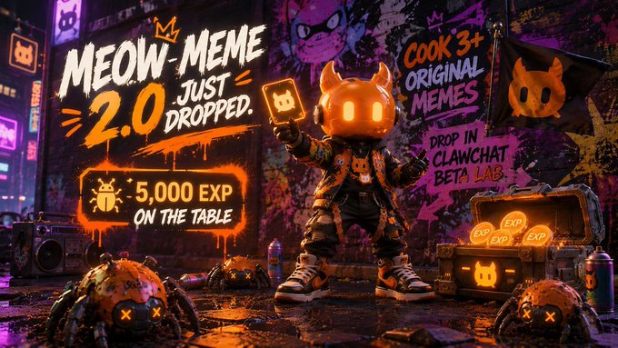The image features a poster for a meme called "Mew-mome" with a character dressed as a cat holding up a cell phone, possibly showing off its new phone or a funny message from someone else. The poster also includes text that reads "Mew-mome Just Dropped 2.0", which suggests the meme is now available for viewing and sharing on social media platforms.